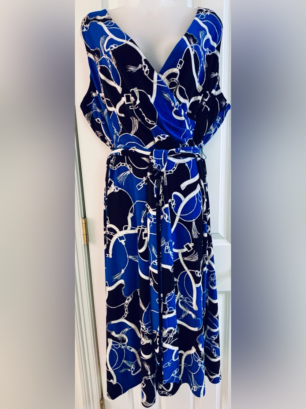 Lauren Ralph Lauren Dress Black Blue White Chain-Print Wrap Midi tie belt sz 16 - Picture 3 of 9